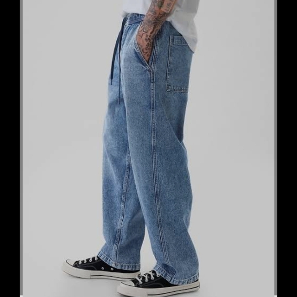 GAP Men's Pull On Baggy Jeans Light Wash Slouchy Loose Tapered Leg Streetwear S